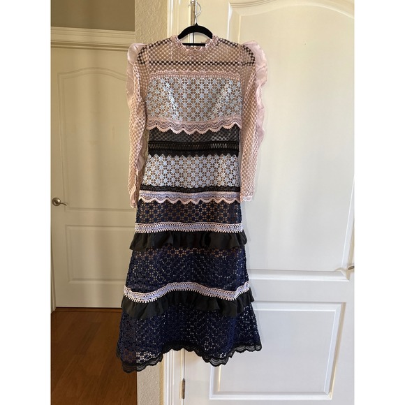 Self Portrait Lace Trimmed Maxi Dress Pink/Blue Floral Sheer Sleeve Size 6 Nwt - Picture 6 of 9